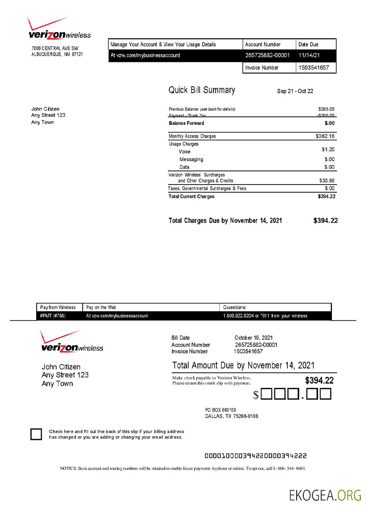 Modèle de facture Verizon aux États , Unis